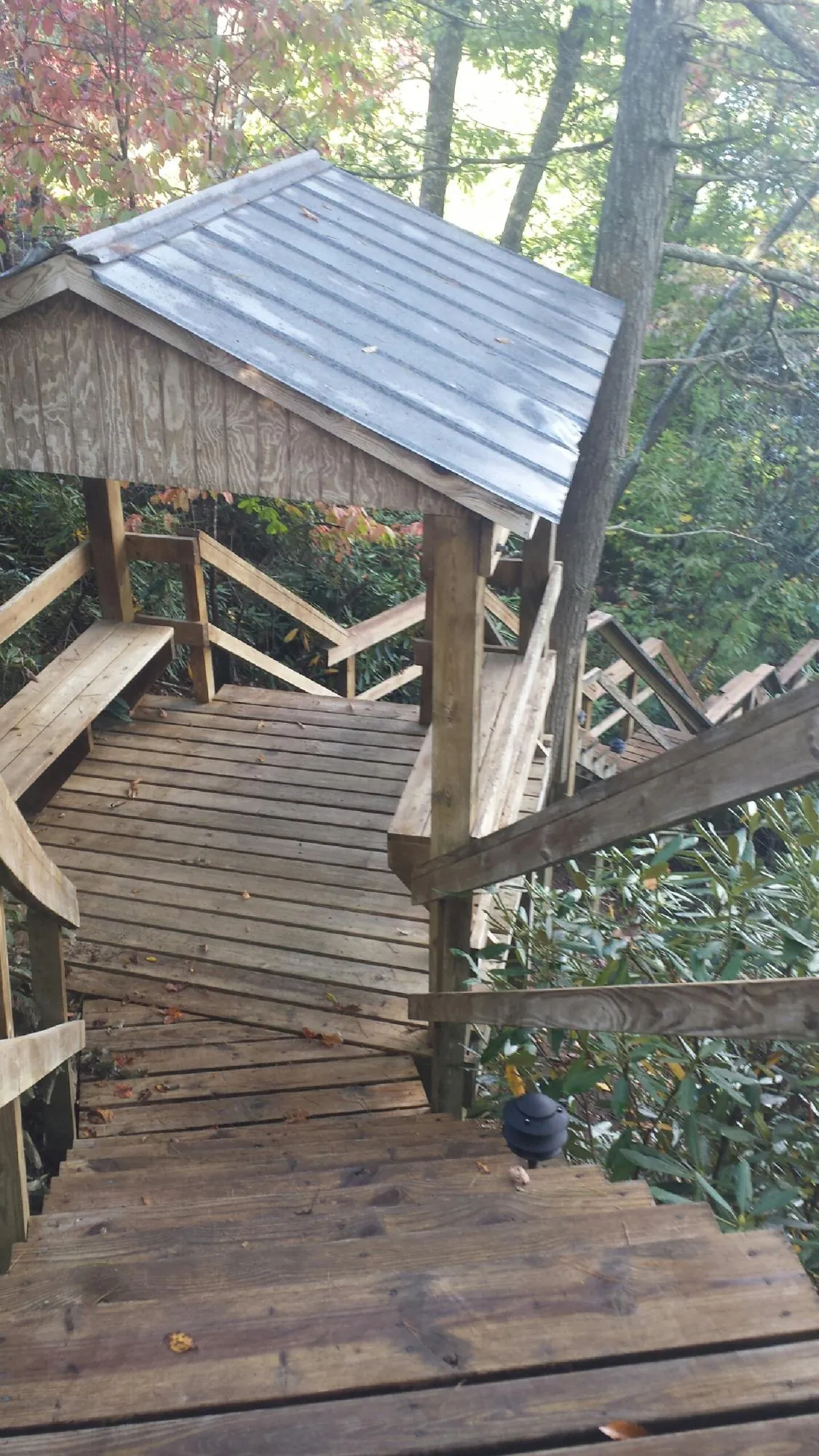 Metal roofed shelter over wooden steps on a wooded walkway — Skylight Repair & Installation work by our crew in Muir